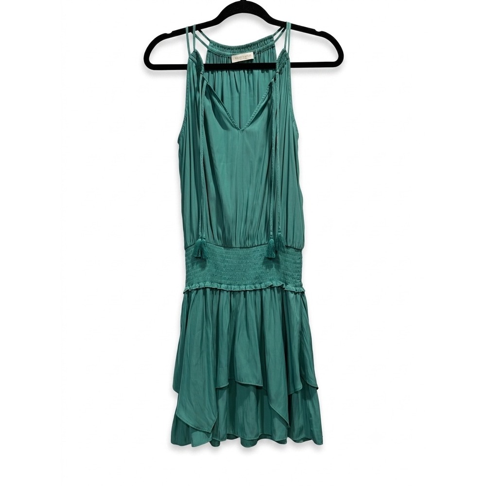Ramy Brook Teal Green Smocked Waist Tiered Ruffle Mini Dress XS Halter V-Neck